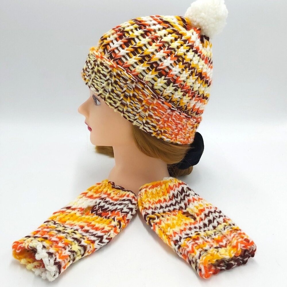 Handmade Loom Knit Fingerless Gloves Beanie Hat Toque Pompom Size Small Autumn